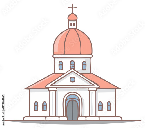 Illustration of a white church building with a prominent pink dome and cross