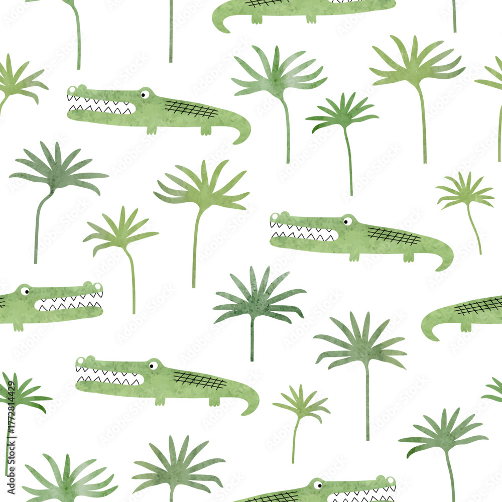 Fototapeta premium Seamless cartoon watercolor crocodile and tropical leaves pattern. Vector illustration