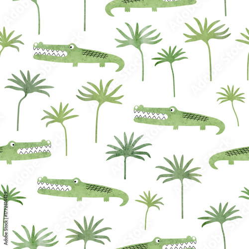 Seamless cartoon watercolor crocodile and tropical leaves pattern. Vector illustration