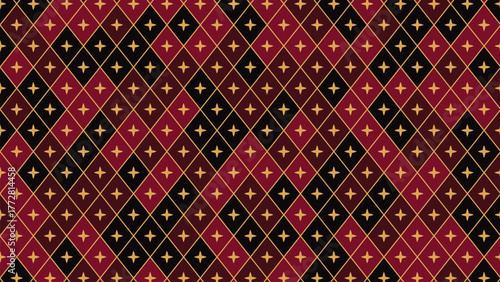 Seamless diamond pattern with alternating red and black tones, each featuring a gold cross. Ideal for textiles, wallpapers, or digital backgrounds with bold, elegant symmetry and rich contrast