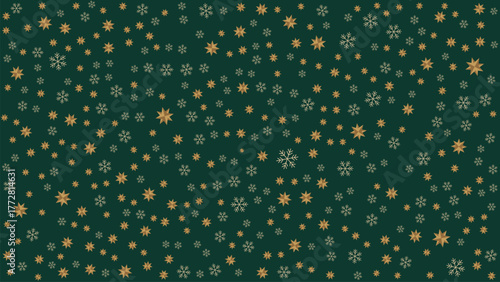 Festive snowflake pattern on dark green background with gold and white flakes and dots. Perfect for holiday designs, wrapping paper, seasonal decor, and winter-themed digital assets