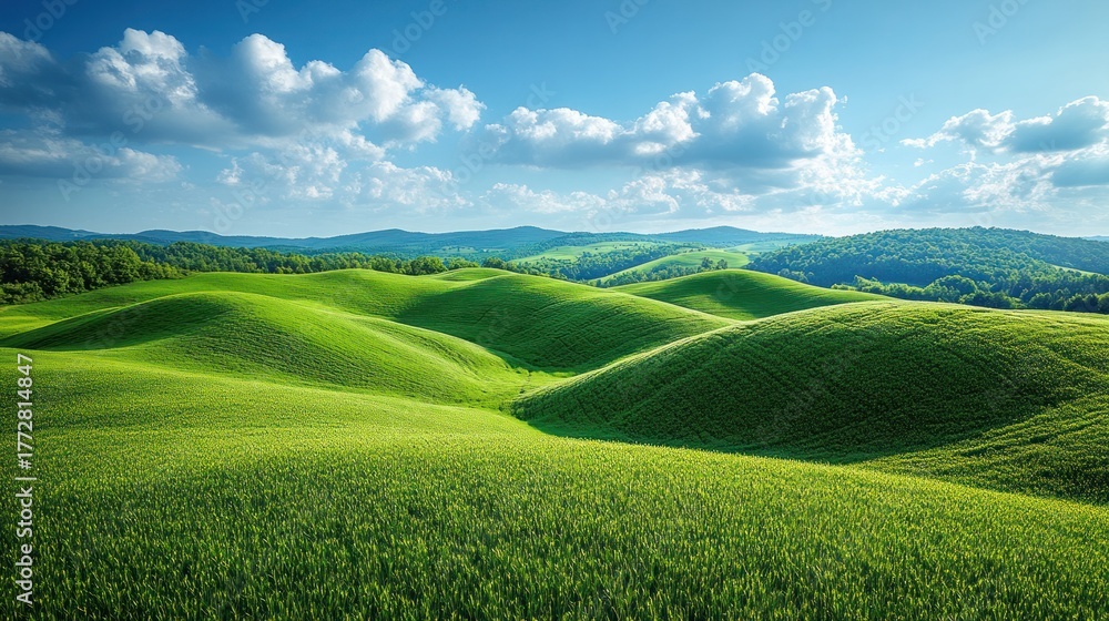 Fototapeta premium Rolling Green Hills: A serene vista unfolds, with undulating emerald hills caressed by the gentle touch of sunlight under a bright, cloud-dotted sky, painting a picture of tranquility.