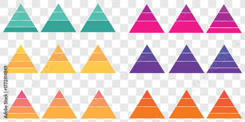 Levels of triangular pyramid. Half triangle pyramid chart. Maslow layer diagram. Development level infographic. Business graph. Vector illustration isolated on white background. 