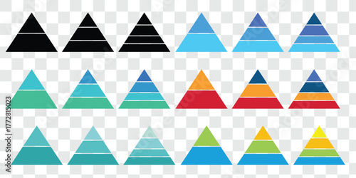 Pyramid infographic set. Colorful vector triangle diagram, triangular pyramid infographics, designed for business presentations, charts, educational materials. pyramid diagrams with ascending