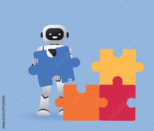 Friendly robot chatbot character putting puzzle pieces together, artificial intelligence support and teamwork. Vector illustration isolated on blue background