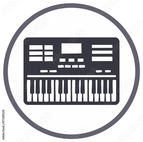Synthesizer instrument icon, gray and white, music and sound creation tool, modern graphic design element, isolated