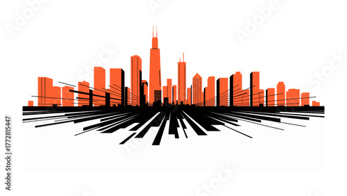Dynamic Metropolis: A stylized cityscape bursts forth with energy, showcasing iconic skyscraper silhouettes in a vibrant burst of orange and black. The geometric lines converge.