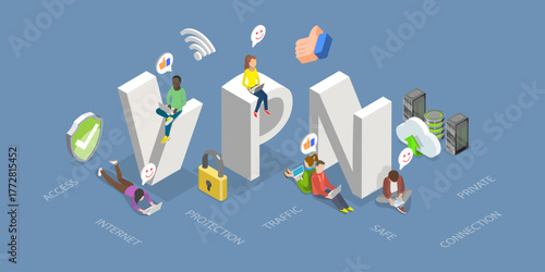 3D Isometric Flat Vector Illustration of VPN, Virtual Private Network, Cyber Security and Privacy