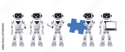 Collection of cute cartoon AI robot character in various poses - standing, pointing, showing, holding puzzle piece and laptop. Isolated vector illustration of artificial intelligence technology