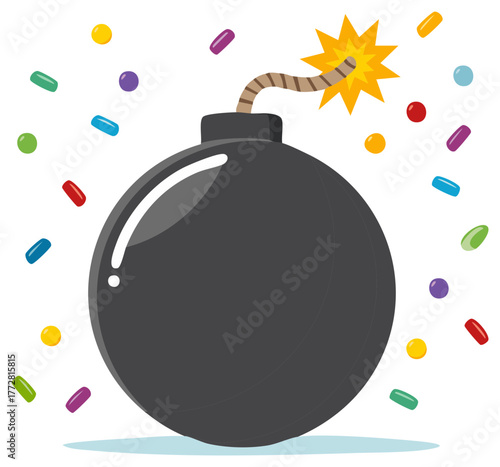 Cartoon Style Bomb with Lit Fuse and Confetti Explosion Celebration