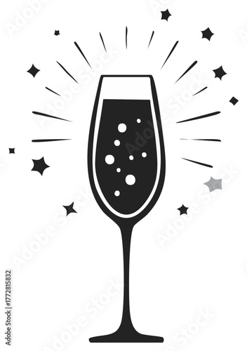 Elegant champagne flute with sparkling bubbles and celebratory stars icon