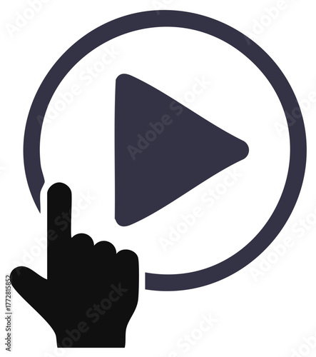 Hand cursor clicking play button icon for digital video media content playback and user interface