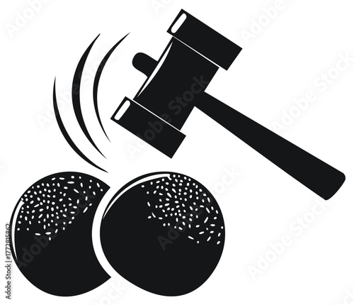 Hammer cracking two coconuts black and white graphic vector icon