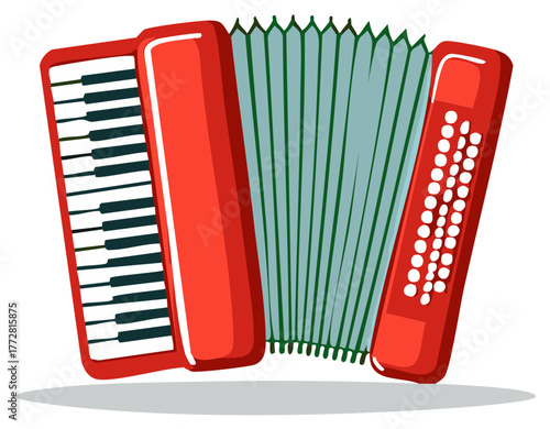 Classic red piano accordion traditional folk music instrument vector illustration