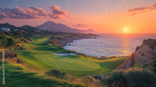 Wallpaper Mural Seaside Golf Course at Sunset: A captivating sunset paints the sky with vibrant hues over a scenic golf course nestled by the serene coastline, inviting relaxation and leisure. Torontodigital.ca