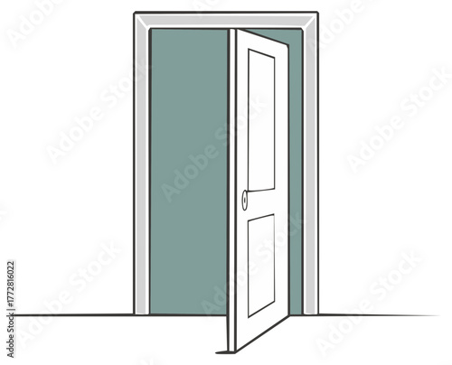 Open white door revealing an interior space with teal walls and a light grey frame