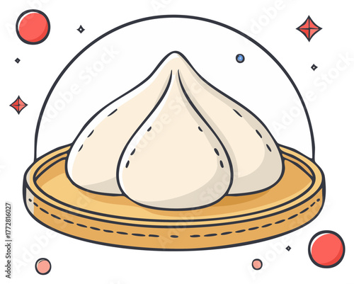 Stylized steamed dumplings in a bamboo steamer with decorative stars and circles illustration