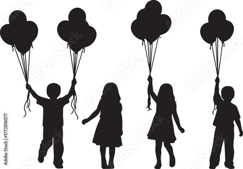 Joyful silhouettes of diverse children celebrating with vibrant balloons, capturing the essence of childhood happiness, playful innocence, and festive outdoor gatherings