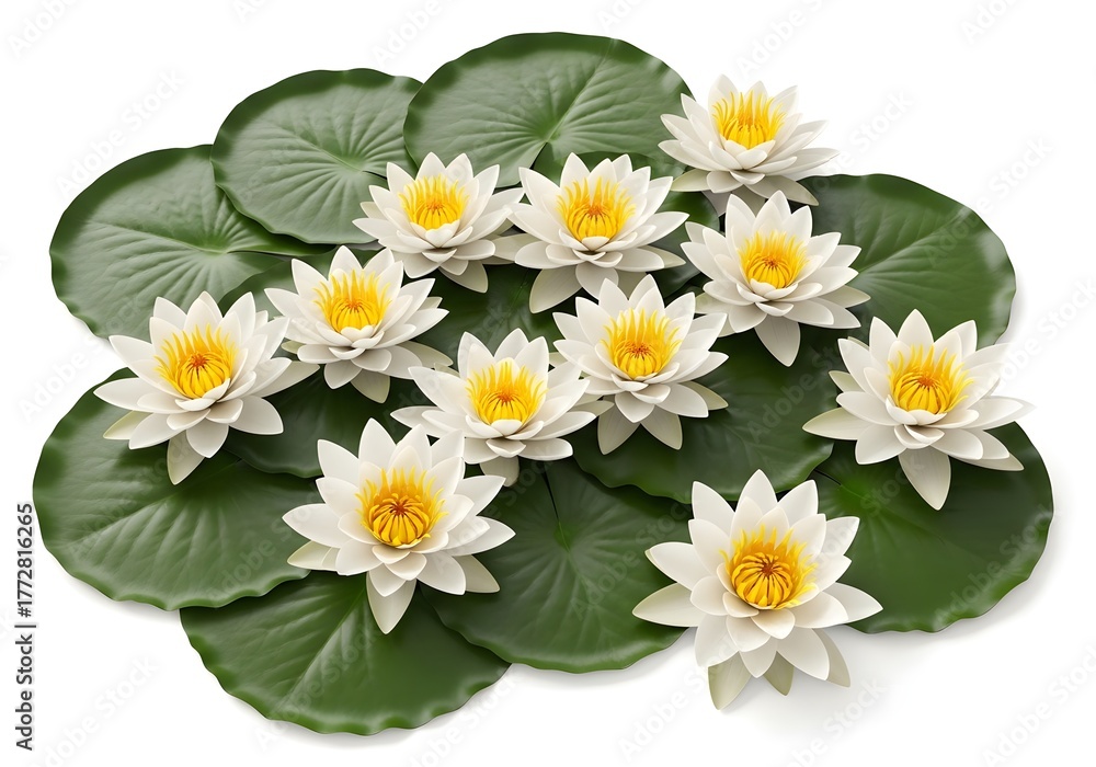 Obraz premium A beautiful arrangement of white water lilies with vibrant yellow centers, showcasing their delicate petals and lush green lily pads, isolated on a clean white background