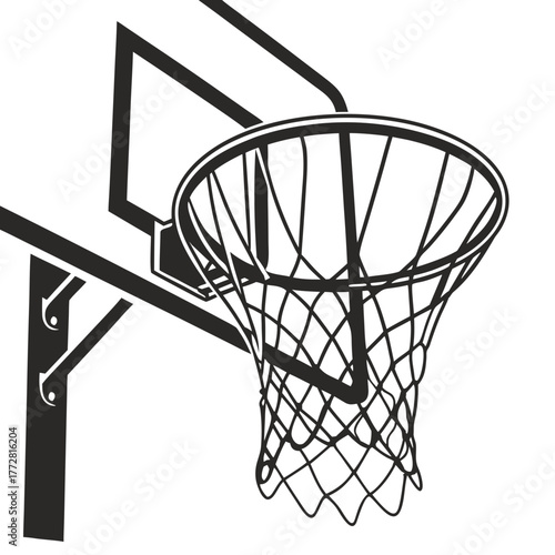Close-up illustration of a black basketball hoop and net backboard