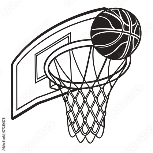 Black and White Illustration of Basketball Going Through Hoop backboard sport