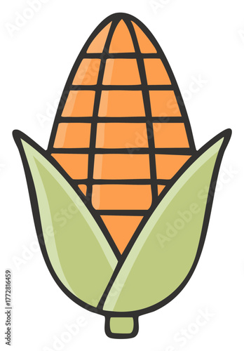Cartoon Corn Cob Icon with Husk Simple Farm Vegetable Illustration
