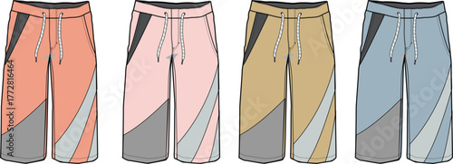 Collection of men's casual shorts in various colors. Apparel design template and technical flat sketch for clothing production