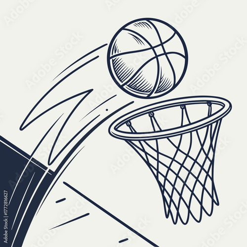 Basketball Flying Towards Hoop In Sketchy Style game sport