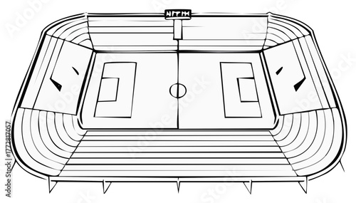 Hand-drawn Football Stadium Illustration: Soccer Field with Goals and Seating Area
