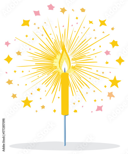Celebratory Sparkler Candle with Bursts and Decorative Stars for Festive Event Vector Graphic