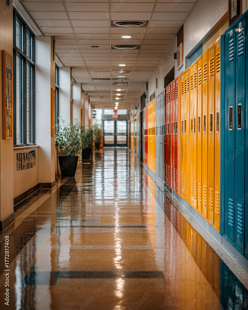 Fototapeta premium School Hallway with Lockers: A well-lit school hallway features a row of colorful lockers on one side and windows, creating a sense of order and structure.