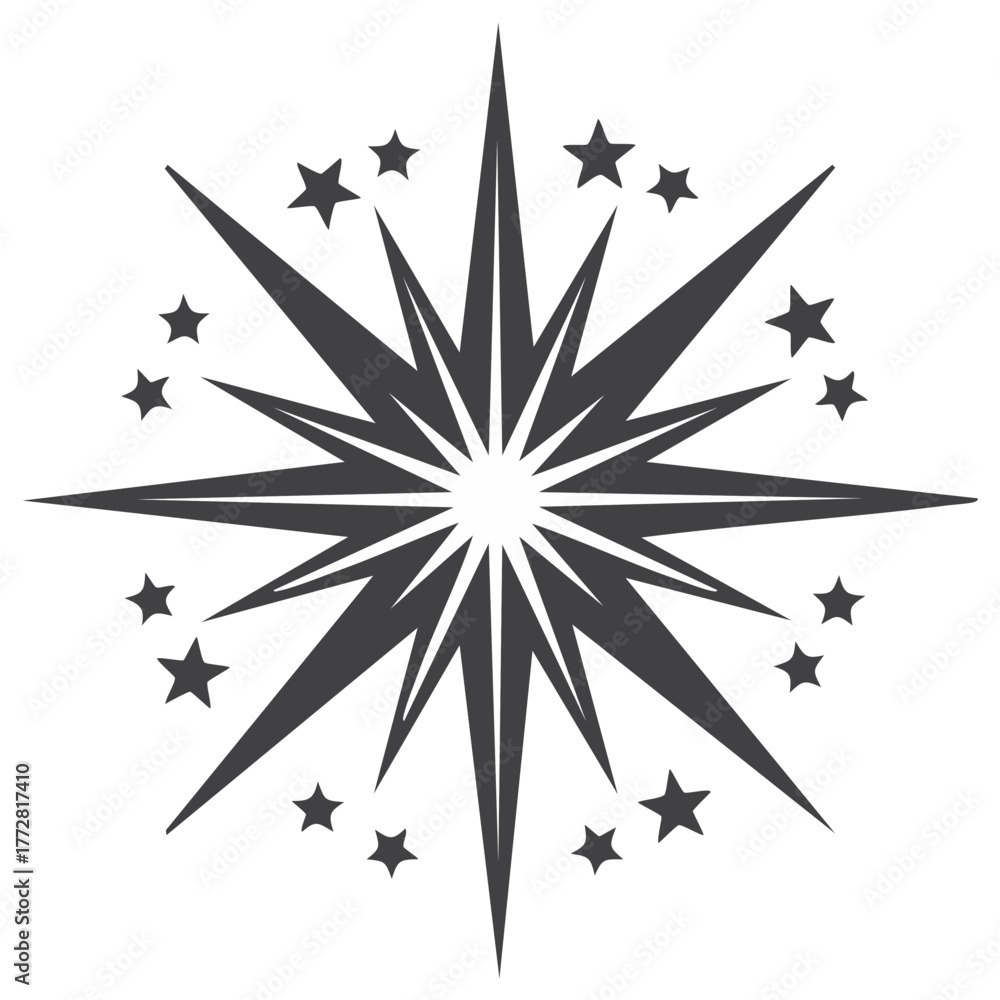 Fototapeta premium Stylized Starburst Icon with Decorative Stars, Dark Gray Silhouette, Graphic Element