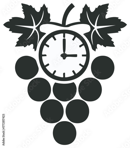 Grape Bunch with Clock and Leaves Silhouette