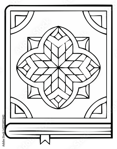 Coloring book page of a decorative storybook with an intricate geometric star pattern on the cover