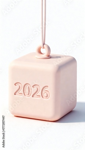 Cute cube ornament engraved with 2026, minimal 3D Christmas and New Year toy on blank space