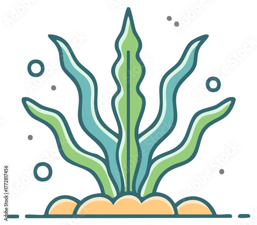 Vibrant stylized seaweed growing from sandy seabed with floating bubbles, marine ecosystem illustration