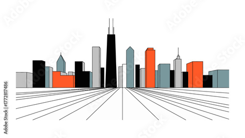 Abstract Cityscape: a minimalist graphic illustration of a dynamic cityscape, a beacon of modern architecture against a clean horizon, emphasizing geometric shapes and structured lines.