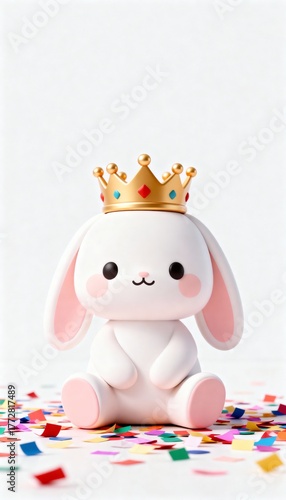 Tiny bunny wearing a New Year crown sitting on colorful confetti floor minimal 3D cute toy