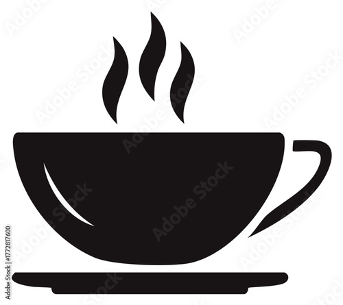 Simple vector icon of a hot cup of coffee or tea with steam rising up, black silhouette