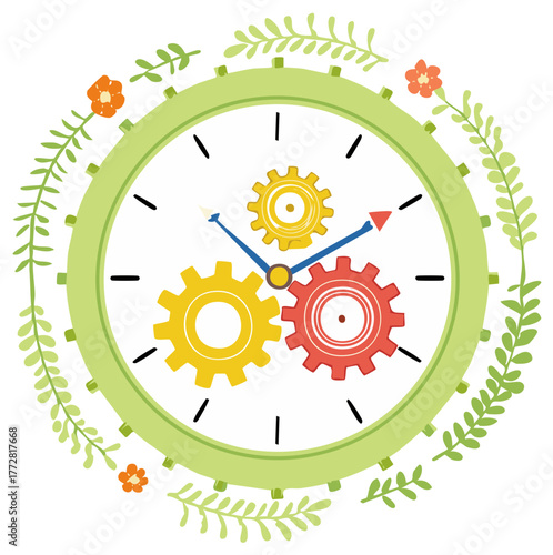 Clockwork Time Gears Green Frame Illustration with Flowers and Leaves