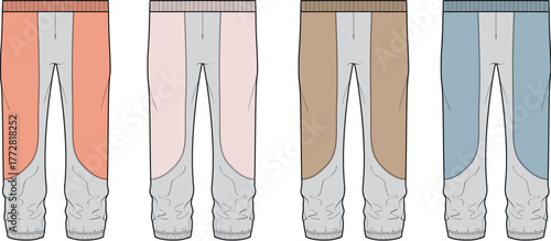 Collection of men's casual shorts in various colors. Apparel design template and technical flat sketch for clothing production