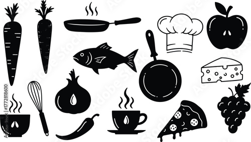 Black and white food and cooking elements pattern background illustration