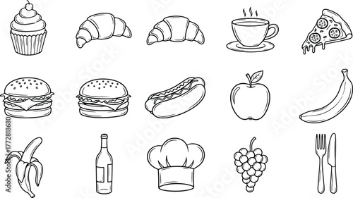 Black and white food illustration set with various delicious food items