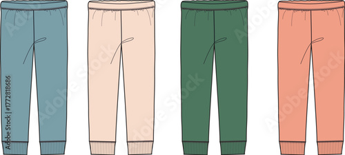 Collection of men's casual shorts in various colors. Apparel design template and technical flat sketch for clothing production