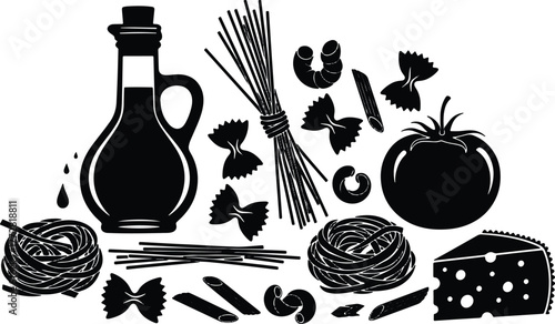 Black and white Italian cuisine food elements featuring pasta tomato and cheese