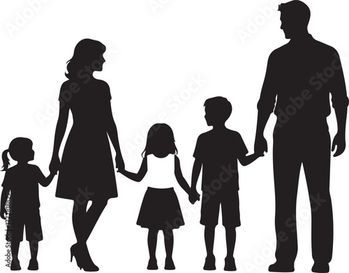 A heartwarming silhouette vector illustration depicting a complete family unit with a father, mother, son, and two daughters holding hands together