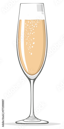 Elegant Champagne Flute Filled with Bubbly Golden Beverage and Rising Bubbles