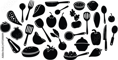 Black and white kitchen utensils and vegetable vector seamless pattern