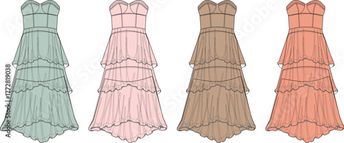 Collection of elegant tiered maxi dresses in four pastel shades, showcasing feminine design and versatile styling for various formal occasions or summer events