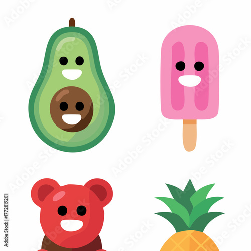 Cartoon Avocado Popsicle Bear and Pineapple Illustrations.